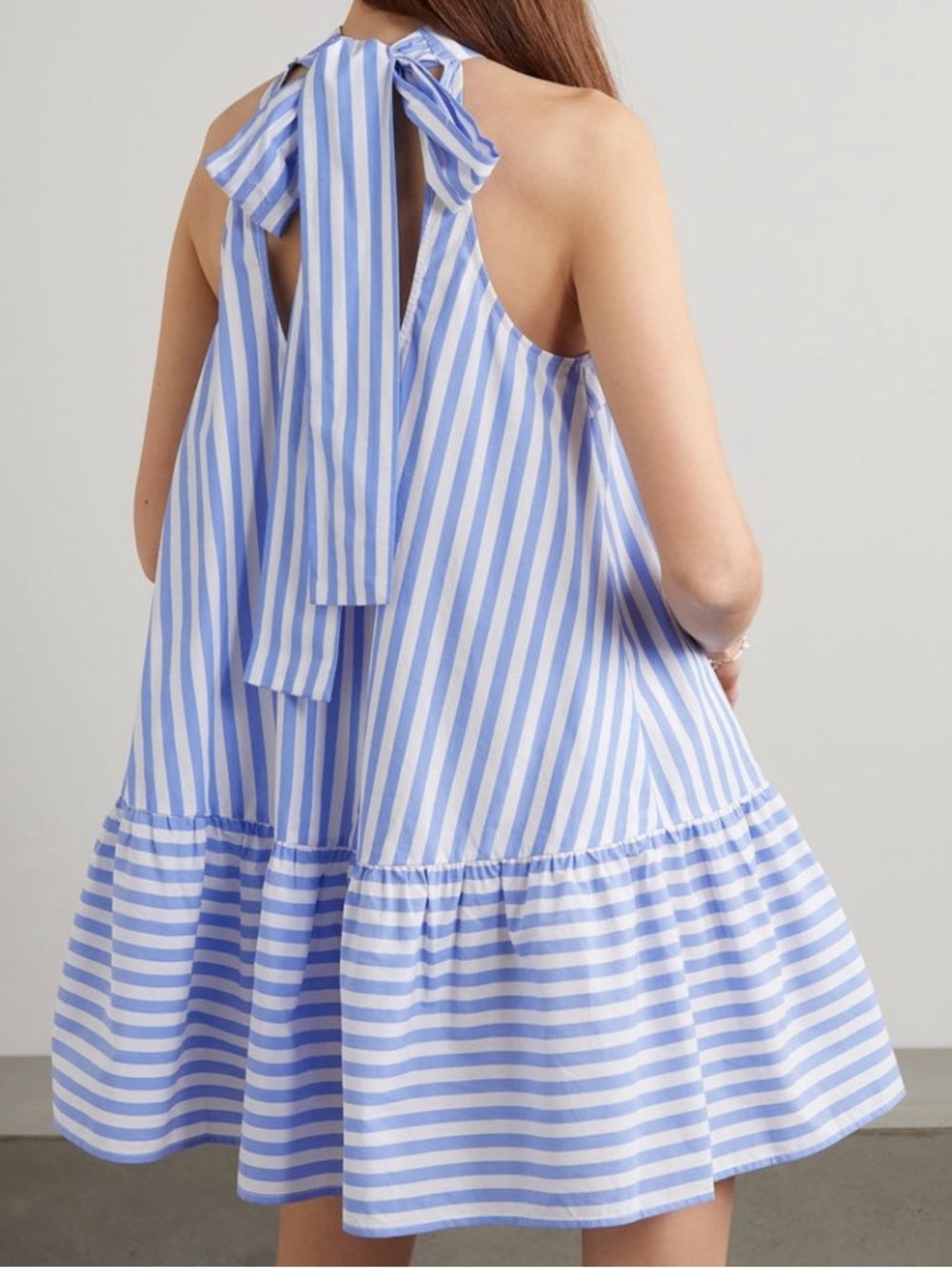 NWT Staud Marlowe Halter bow MINI cotton dress sea stripe white blue  size S